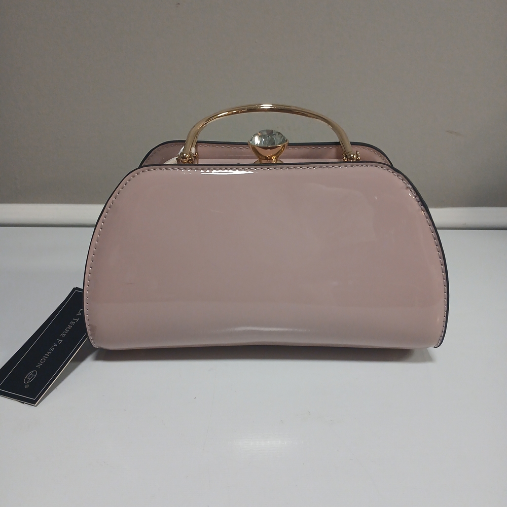 New! La Terre Fashion Blush Pink & Gold Patent Baguette Satchel Mini Bag Flawed